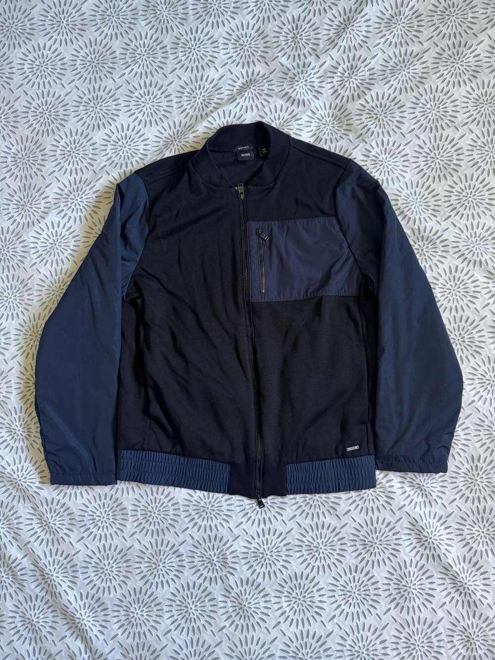 Hugo Boss Skiles Jacket Men's Sz S Black Navy Mixed Media Bomber Full Zip